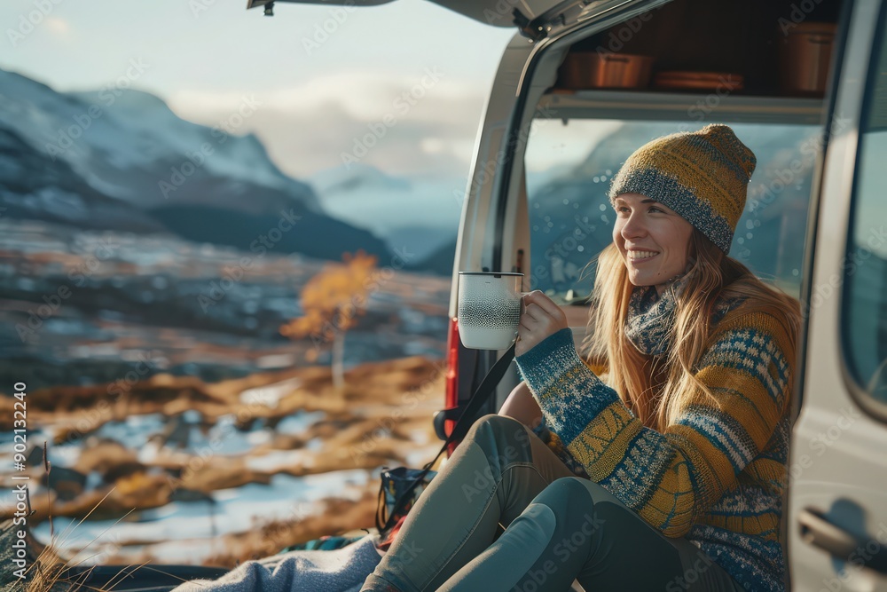 Naklejka premium Van-life. Woman meets sunrise in camper van trunk with cup of hot tea, coffee in cozy sweater against mountains, snow.