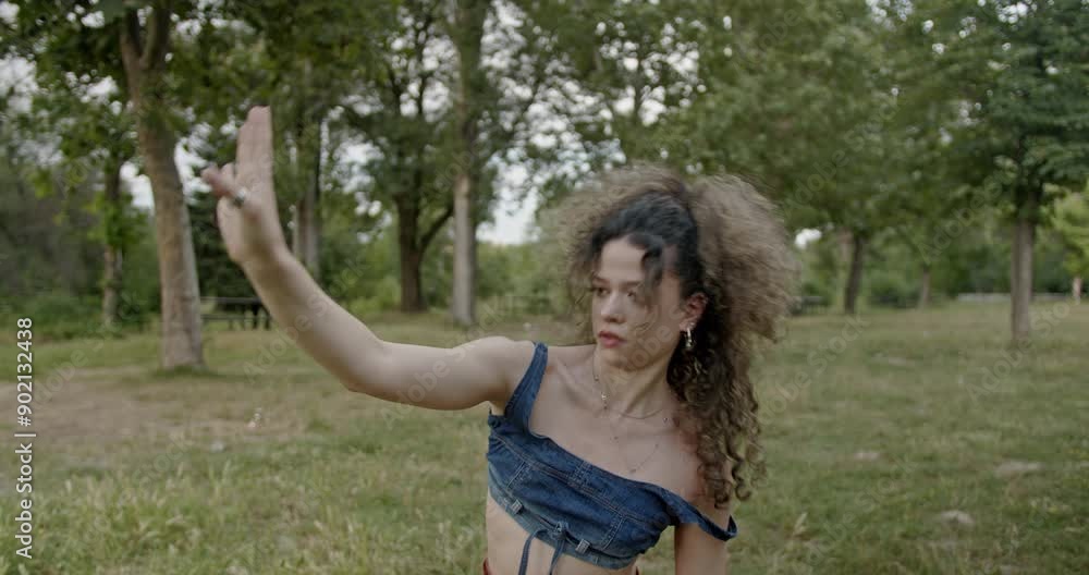 A curly-haired girl gracefully performs a modern dance in a serene, lush park, practicing her movements and showcasing elegance and fluidity in her dance. A curly-haired girl gracefully performs a modern dance in a serene, lush park, practicing her movements and showcasing elegance and fluidity in her dance.
