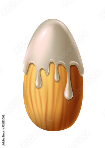 3d realistic vector icon illustration. Almond nut with pouring white chocolate on top of it. Almond milk.