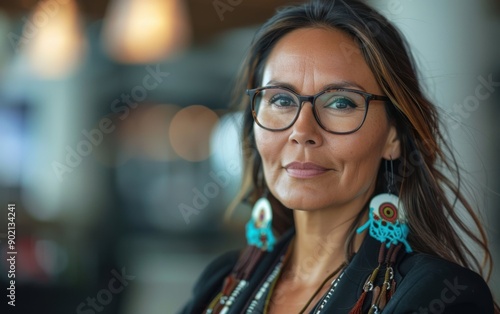 A Native American female CEO confidently addresses her corporate team in a contemporary office during a strategic meeting photo