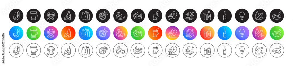 Grilled steak, Ice cream and Milk line icons. Round icon gradient buttons. Pack of Water bottles, Grill place, Pizza icon. Vegetables, Popcorn, Coffee cup pictogram. Vector Grilled steak, Ice cream and Milk line icons. Round icon gradient buttons. Pack of Water bottles, Grill place, Pizza icon. Vegetables, Popcorn, Coffee cup pictogram. Vector