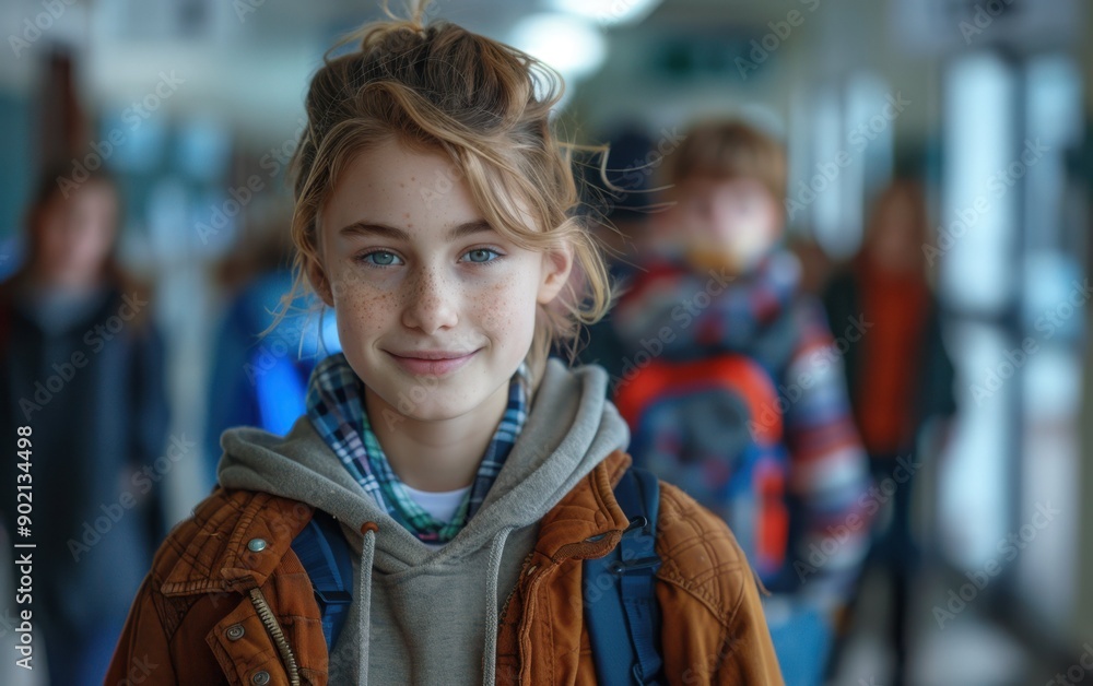 A non-binary teen stands confidently in a school hallway, smiling while classmates walk by in the background, creating a lively atmosphere A non-binary teen stands confidently in a school hallway, smiling while classmates walk by in the background, creating a lively atmosphere