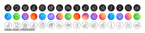 Grilled steak, Ice cream and Milk line icons. Round icon gradient buttons. Pack of Water bottles, Grill place, Pizza icon. Vegetables, Popcorn, Coffee cup pictogram. Vector