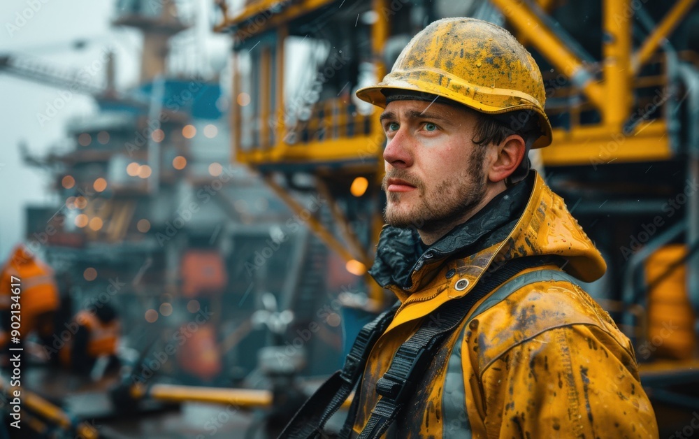 Workers on an oil rig conduct essential tasks while wearing protective gear in rainy weather, emphasizing the challenging offshore environment Workers on an oil rig conduct essential tasks while wearing protective gear in rainy weather, emphasizing the challenging offshore environment