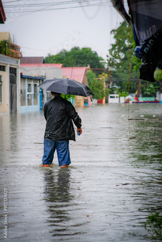 Flood water in the street during the typhoon Carina.