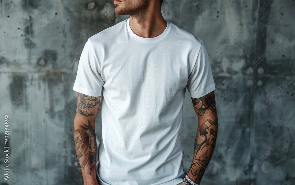 A tattooed individual showcases a plain oversized white t-shirt in a chic urban environment, highlighting its casual style and comfortable fit A tattooed individual showcases a plain oversized white t-shirt in a chic urban environment, highlighting its casual style and comfortable fit