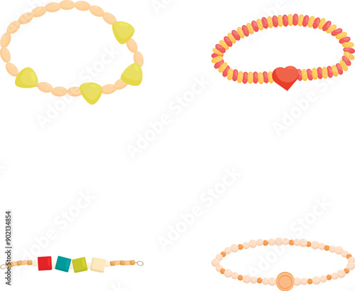 Assorted colorful bracelet collection illustration with elegant and trendy jewelry designs for women's stylish wrist wear. Featuring a variety of decorative bead. Charm. Modern
