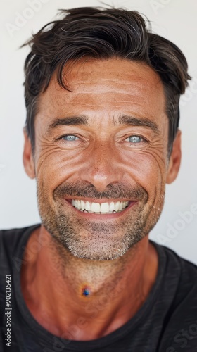 a man smiling with blue eyes