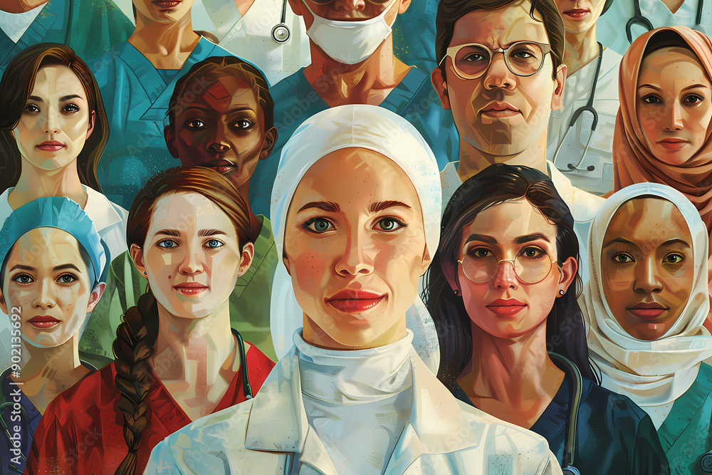 Illustration of a Diverse Healthcare Team: Doctors, nurses, and other healthcare workers of various backgrounds working together. Illustration of a Diverse Healthcare Team: Doctors, nurses, and other healthcare workers of various backgrounds working together.