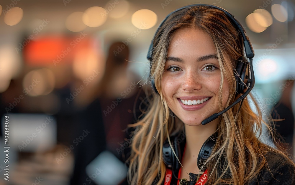 A friendly call center consultant smiles while wearing a headset, ready to assist clients in a vibrant office setting filled with activity A friendly call center consultant smiles while wearing a headset, ready to assist clients in a vibrant office setting filled with activity
