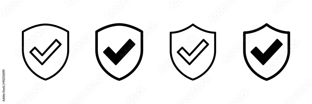 Shield check mark icon vector isolated on white background. Protection approve sign. Safe icon vector Shield check mark icon vector isolated on white background. Protection approve sign. Safe icon vector