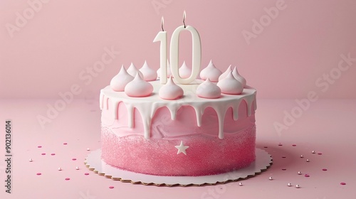 Torta di crema rosa con una candela accesa per festeggiare i 10 anni