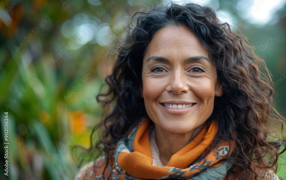 A middle-aged Hispani woman with curly hair smiles warmly while surrounded by lush greenery in a natural outdoor setting A middle-aged Hispani woman with curly hair smiles warmly while surrounded by lush greenery in a natural outdoor setting