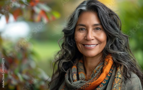 A middle-aged Hispani woman smiles confidently while surrounded by lush greenery, radiating positivity and warmth on a beautiful, sunny day