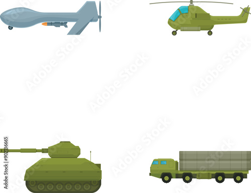 Modern military vehicle icons set featuring helicopters, tanks, trucks, and more for army, defence, and warfare vector illustration collection with flat design and isolated graphic elements