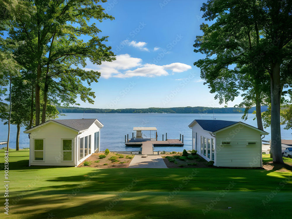 A wide-angle view of a modern white house with lush green grass behind the front porch and lake view. A wide-angle view of a modern white house with lush green grass behind the front porch and lake view.