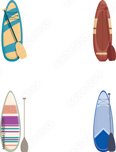 Collection of four flat design icons representing different boats and paddles for water sports