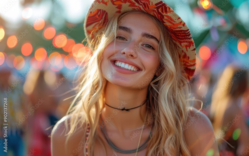 A joyful young woman with blonde hair enjoys an outdoor festival, wearing a stylish hat and surrounded by colorful lights, capturing the essence of summer fun