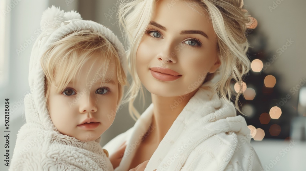 Blonde woman in a white bathrobe holding a small child wearing a hooded outfit, close-up, bokeh background, indoor setting Blonde woman in a white bathrobe holding a small child wearing a hooded outfit, close-up, bokeh background, indoor setting