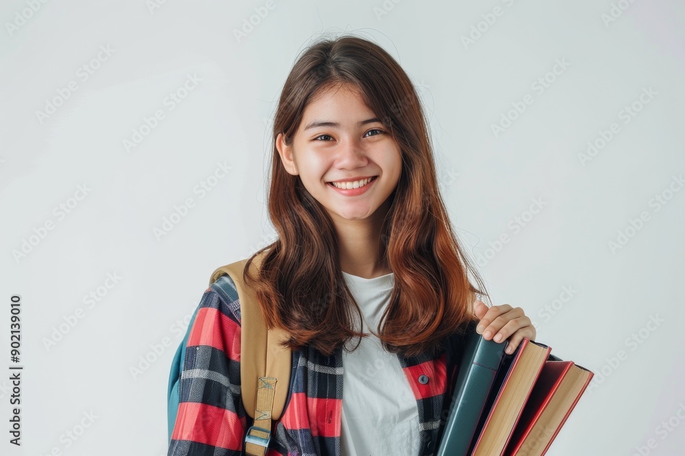 smiling Indonesian 22 years old student girl. holding books. looking to the camera in a white background smiling Indonesian 22 years old student girl. holding books. looking to the camera in a white background