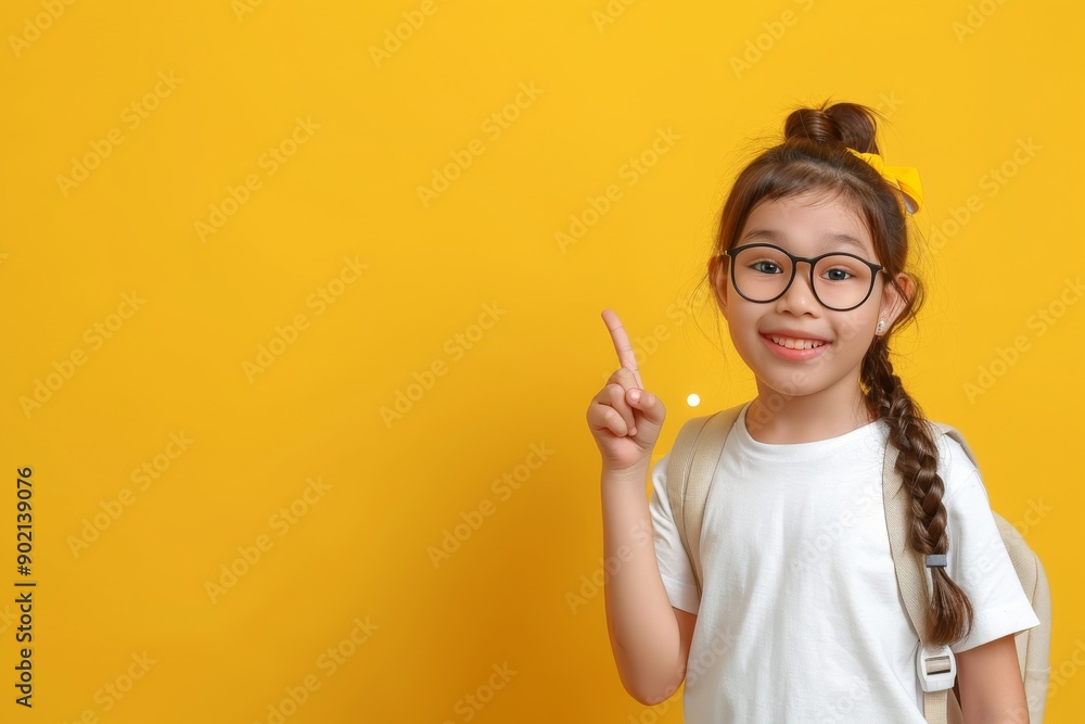 little Indonesian beauty girl illustration 10 years old, smile, looking at camera, white t-shirt, glasses, backpack, pupil points with her finger to the side on yellow background little Indonesian beauty girl illustration 10 years old, smile, looking at camera, white t-shirt, glasses, backpack, pupil points with her finger to the side on yellow background