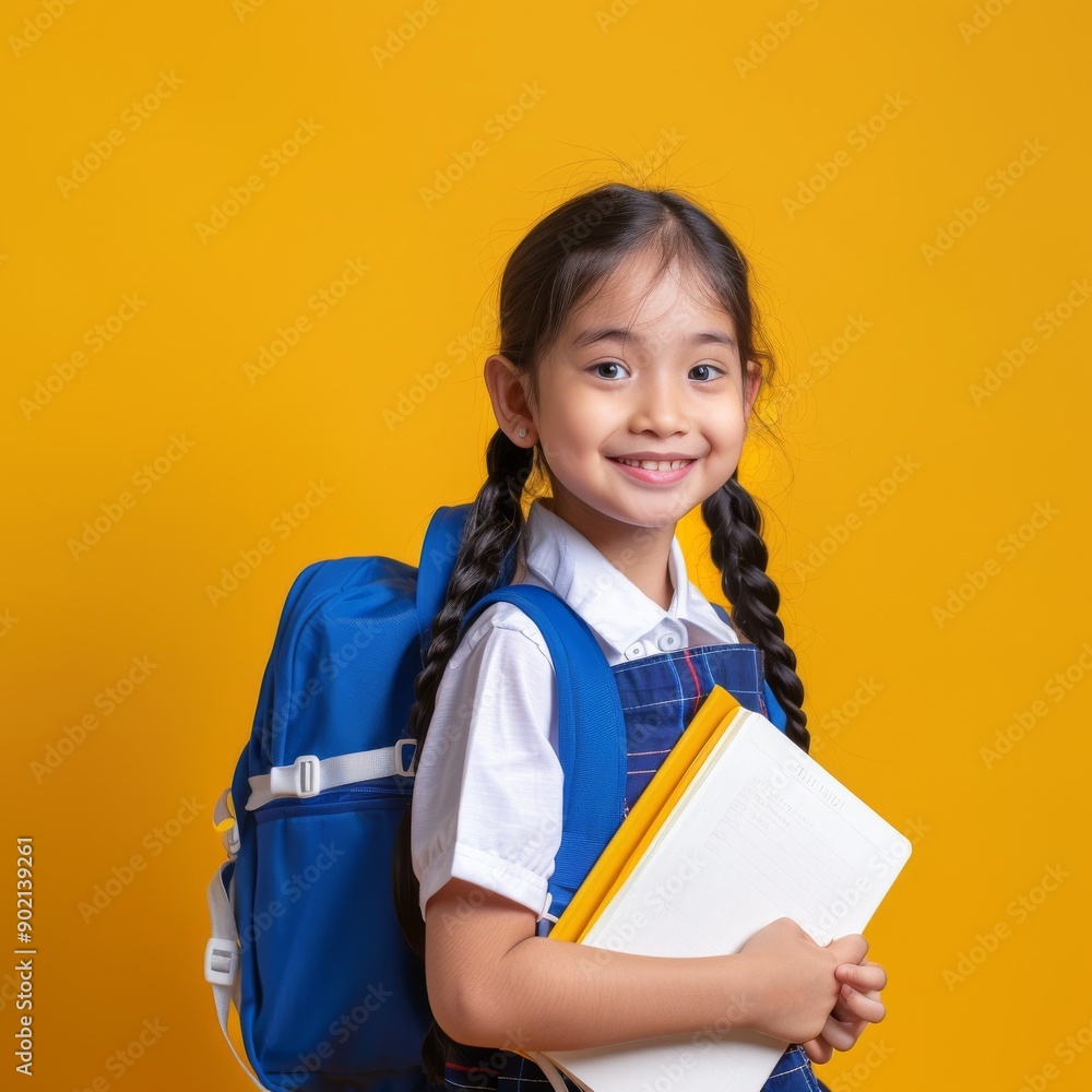 Happy Indonesian child 10 years old with a blue backpack and a white notebook pressed to his chest, in a full-length school uniform on a yellow rich background