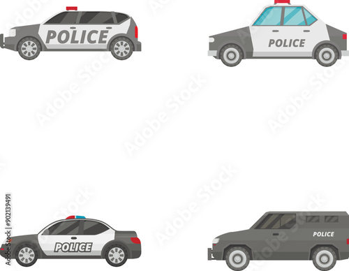 Collection of four different police car illustrations in a flat design style