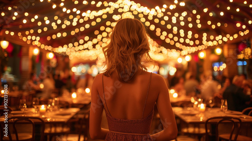 Rear view of a young blond woman standing at a beautiful festive restaurant for a private event or a party or a celebration at night