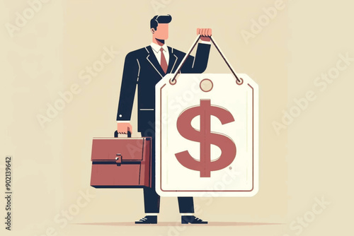 illustration of smart businessman holding shopping Label with dollar symbol representing discounts and sales