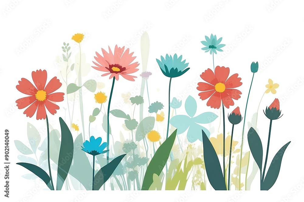 Obraz premium Blooming Meadow: A vibrant tapestry of colorful flowers and lush green foliage creates a captivating scene. This illustration evokes a sense of tranquility and growth