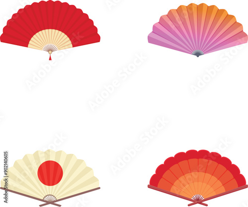 Collection of four elegant hand fan designs, isolated on white background