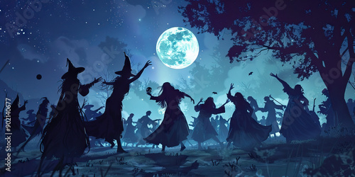 The Sabbat Celebration: Dancing Under the Moonlight in Honor of the Old Gods - Imagine a scene where witches gather for a sabbat celebration, dancing and chanting under the light of the full moon photo