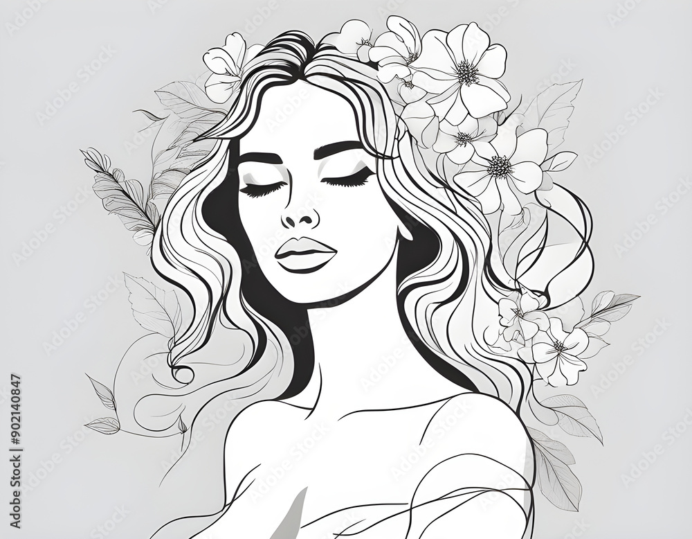 Fototapeta premium Line Art Drawing of Woman with Flowers. Female Floral Silhouette Line Art Vector Illustration