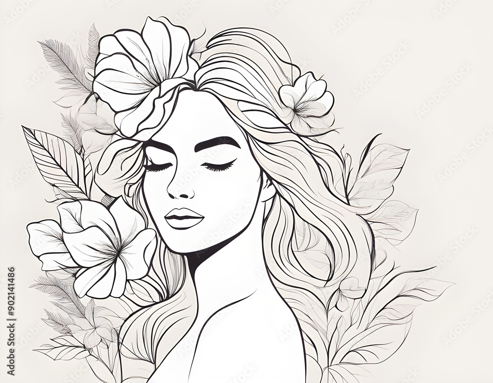 Line Art Drawing of Woman with Flowers. Female Floral Silhouette Line Art Vector Illustration Line Art Drawing of Woman with Flowers. Female Floral Silhouette Line Art Vector Illustration