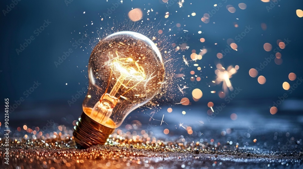 Illuminated light bulb emitting sparks on a dark background Illuminated light bulb emitting sparks on a dark background