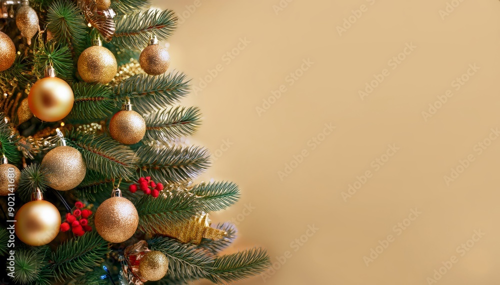 Golden Christmas tree with golden decorations on a blurred background with bokeh lights Golden Christmas tree with golden decorations on a blurred background with bokeh lights