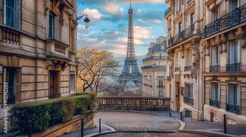 Eiffel Tower at sunset in Paris, France. Romantic travel background