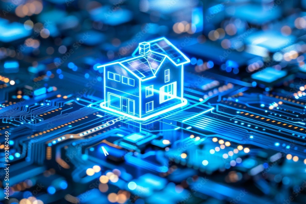 Blue digital house on a circuit board representing smart home technology and modern digital connectivity Blue digital house on a circuit board representing smart home technology and modern digital connectivity