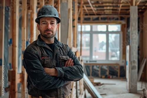 Construction Worker in Safety Gear, Standing in Frame of Building Under Construction