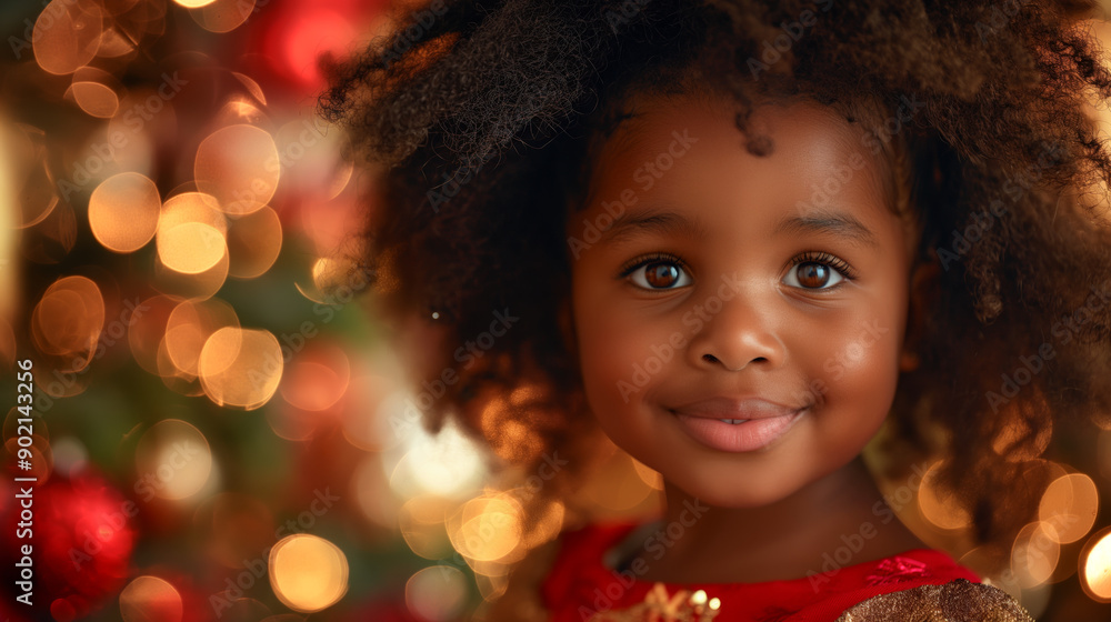 Close-up portrait of a smiling black young girl with curly hair, in a festive setting with warm holiday bokeh lights Close-up portrait of a smiling black young girl with curly hair, in a festive setting with warm holiday bokeh lights