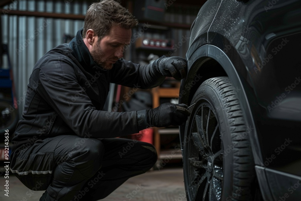 Mechanic Inspecting Tire Pressure Mechanic Inspecting Tire Pressure