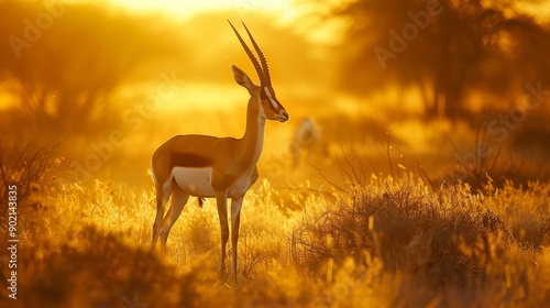 Jumping springbok antelope (Antidorcas marsupialis) taken at sunrise in the Etosha national Park in Namibia