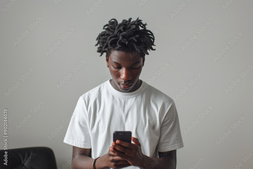 Contemplative Teenager with Curly Hair Looking at Cell Phone Contemplative Teenager with Curly Hair Looking at Cell Phone
