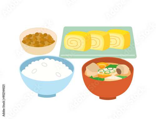 味噌汁と玉子焼き・納豆と白米の日本の朝食をイメージしたイラスト
