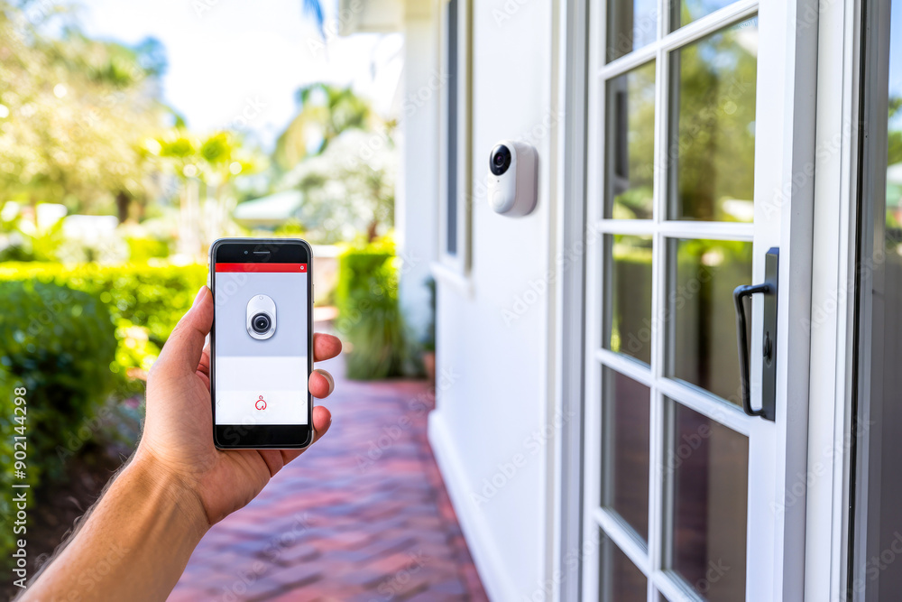 Hand holding smartphone displaying security camera feed with camera installed on a house wall. Concept of smart security systems with remote control for resident safety Hand holding smartphone displaying security camera feed with camera installed on a house wall. Concept of smart security systems with remote control for resident safety
