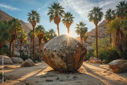 Rocky Desert Pathway with Palm Trees and Sunlight photo