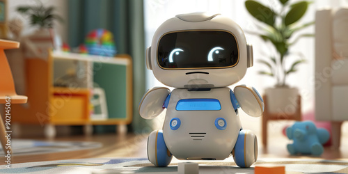 Learning and Development: How Home Robots Support Child Development and Education - Visualize a scene where a home robot engages children in educational activities, helps with homework