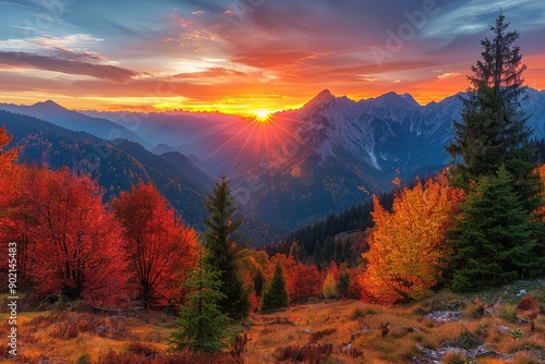 Sunset Mountain Valley with Autumn Colors