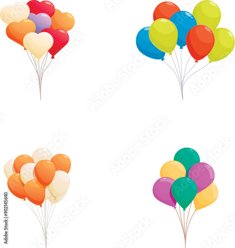 Collection of four colorful balloon bouquets in various color schemes ideal for celebrations