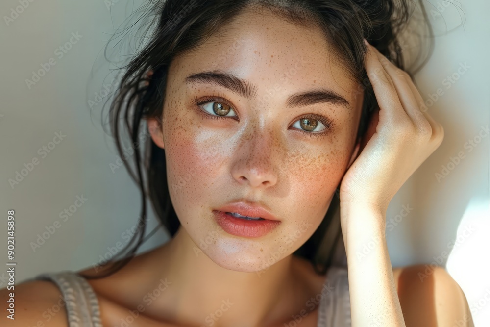 Introspective Woman with Freckles, Touching Face Introspective Woman with Freckles, Touching Face